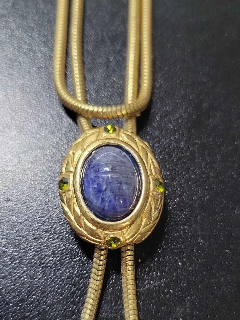 Gold Tone Lariat Necklace with Blue Cabochon and Ankh Charm